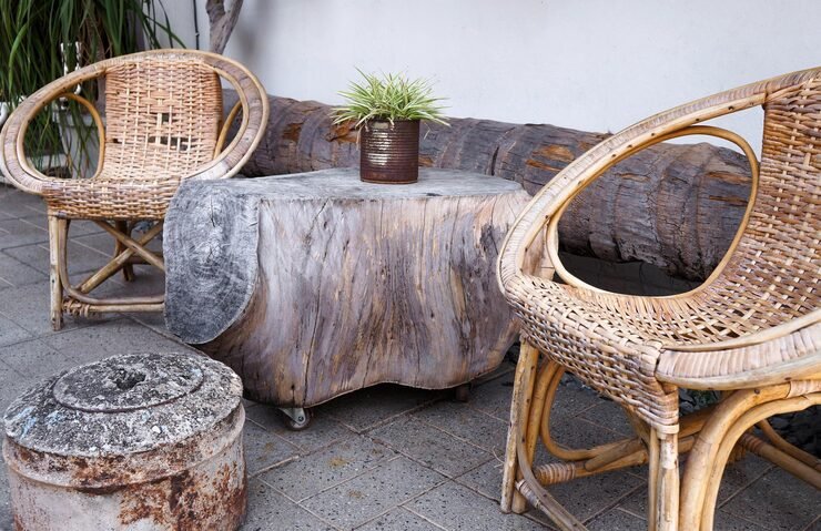 Wooden sustainable furniture, recycled materials, indoor greenery