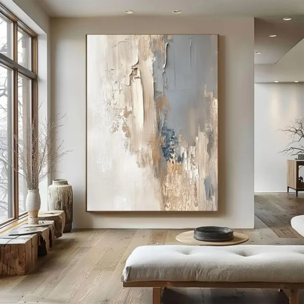 Original Large Beige Blue Abstract Handmade Canvas Painting Gray Minimalist Art White Wall Art Textured Painting Home Decoration