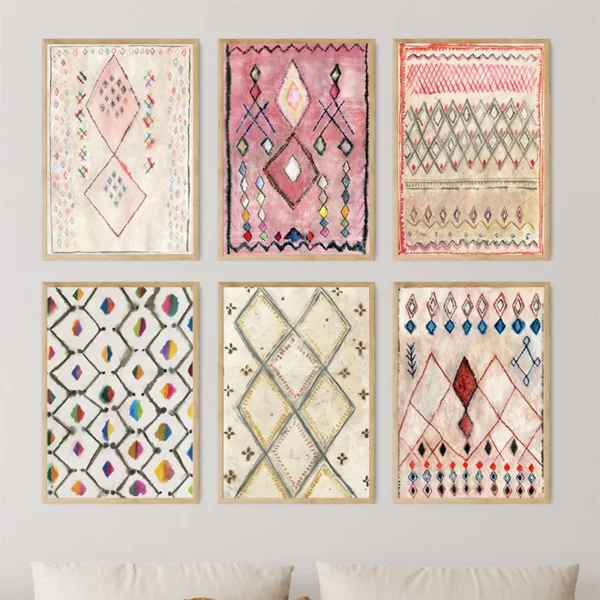 Moroccan Rug Watercolor Art Print Blush Pink Rug Painting Canvas Poster Modern Boho Wall Picture Morocco Travel Gift Home Decor