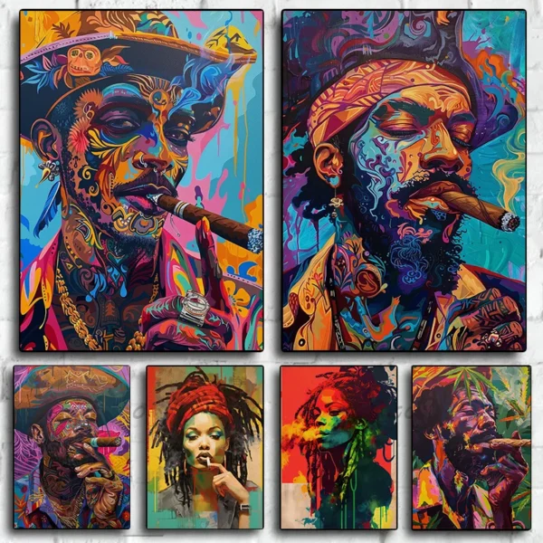 Pirate Pop Women Portrait Jamaican Cigar Smoking Surreal Poster Print Wall Art Pictures Canvas Painting Living Room Home Decor