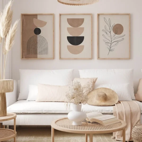 Modern Bohemia Set of 3,neutral Geometric Wall Art,minimalist Plant Wall,printable Digital Printing,frameless Canvas Painting