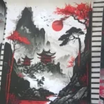 3pcs Frameless Japanese Natural Landscape Canvas Painting Black And Red Posters Vintage Ink Art Wall Prints For Living Room Home