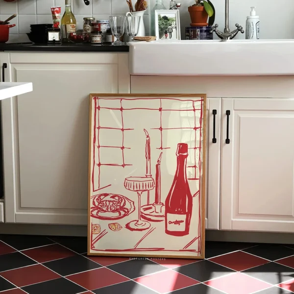 Modern Food Art For Pink Kitchen Decor Living Room Bedroom Home Red Hand Drawn Dining With Wine And Crab