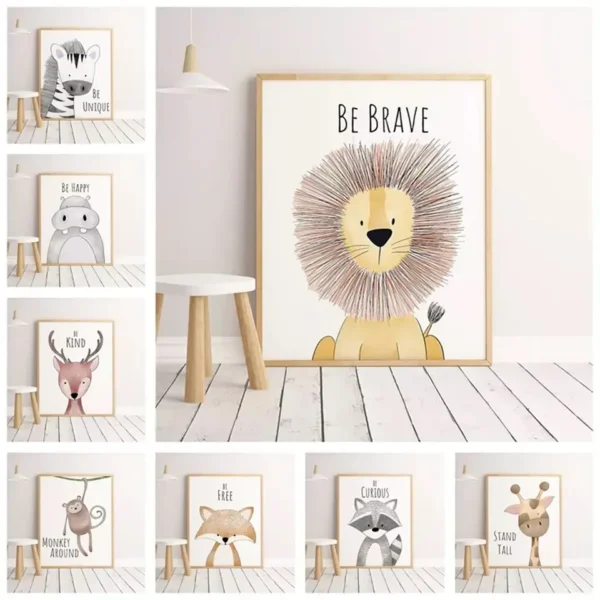Cute Animal Giraffe Lion Picture Kindergarten Children's Room Cartoon Home Decoration Art Poster Canvas Painting