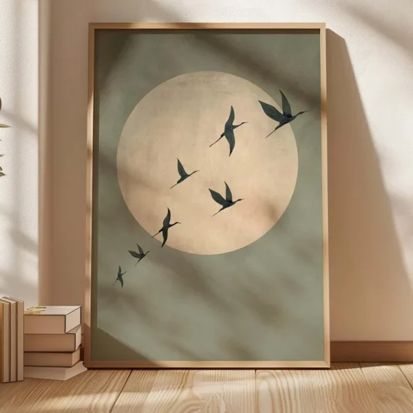 Sun and Flying Birds Wall Art, Frameless Canvas for Living Room Bedroom Decor Sage Green Japandi Art Print - Large Abstract