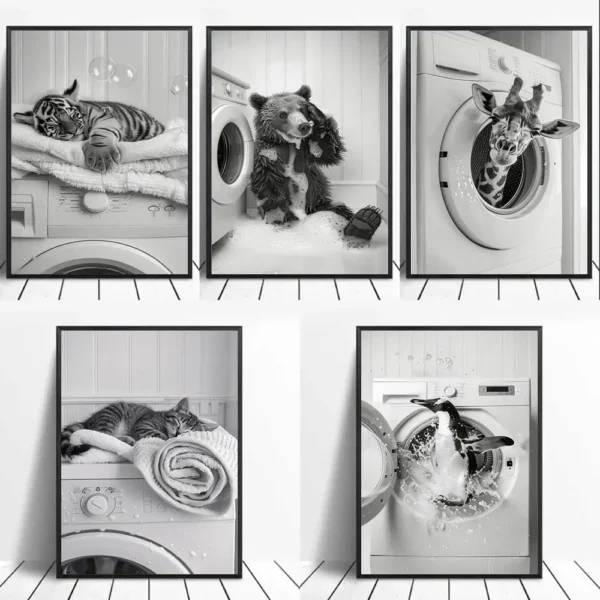 Washing Machine Poster Laundry Room Decor Picture Funny Wall Art Utility Print Canvas Cute Giraffe Penguin Tiger in