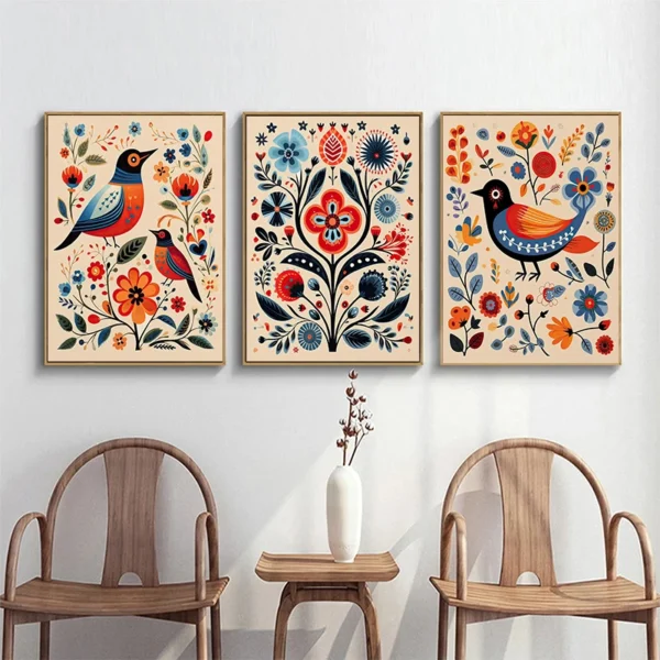 Print Abstract Canvas Painting Scandinavian Wall Art Picture Living Room Home Decor Norwegian Folk Floral Bird Poster Nordic