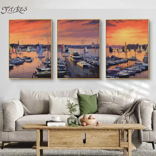 Landscape Art of Berthing Ships in the Evening Decoration for Bedroom Print Canvas Painting Living Room Posters Wall Mural Home