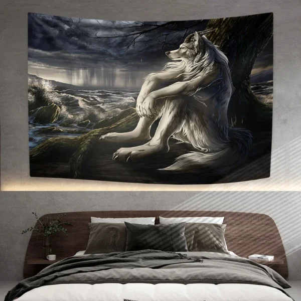 Emo White Wolf Sitting Tapestry Meme Werewolf Tapestries For Bedroom Printed Home Decoration Paintings Room Wall Hanging Posters