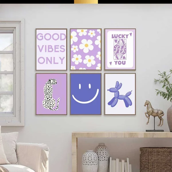 Canvas Painting Trendy Retro Wall Art Collage Dorm Room Decor Funky y2k Poster Floral Smile Purple Preppy Aesthetic Gallery